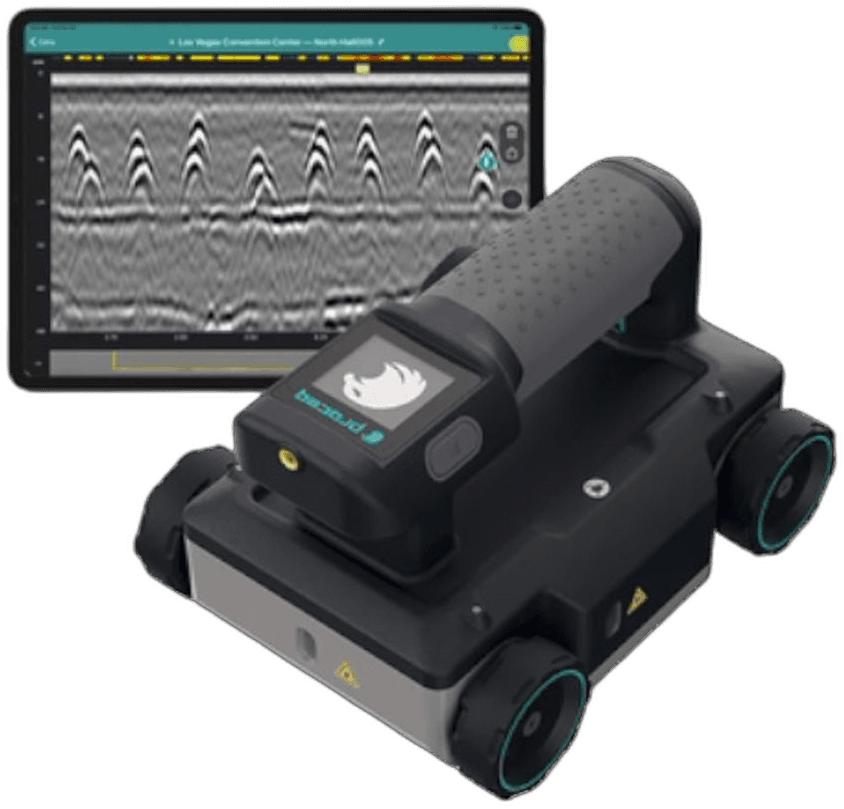 Proceq GP8000 Lite concrete GPR, a white handheld probe with a green wheel carriage
