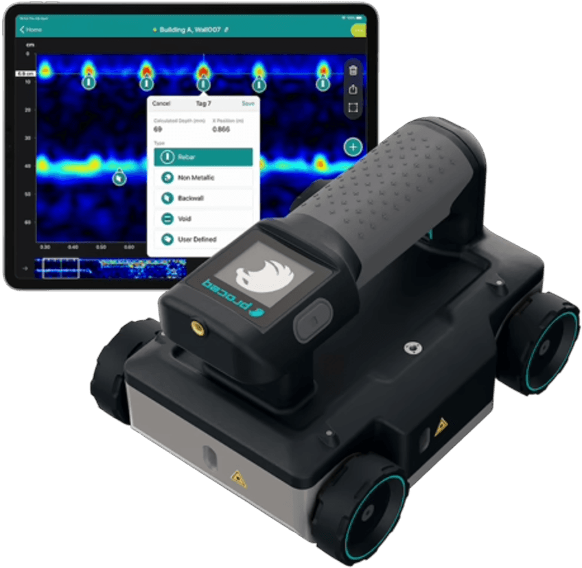 Proceq GP8000 handheld concrete GPR with its four-wheel encoder and a separate battery pack