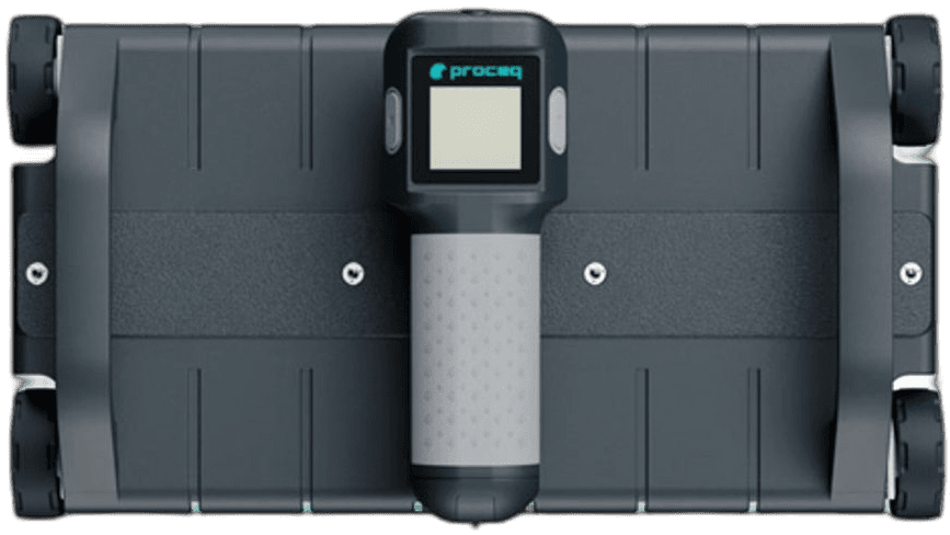 Proceq GP8100 concrete GPR array, a wide white sensor with six wheels