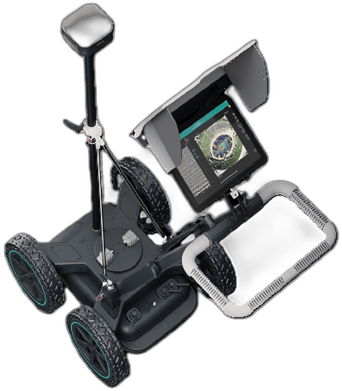 Proceq GS8000 utility GPR cart with a tablet mount and large survey wheels