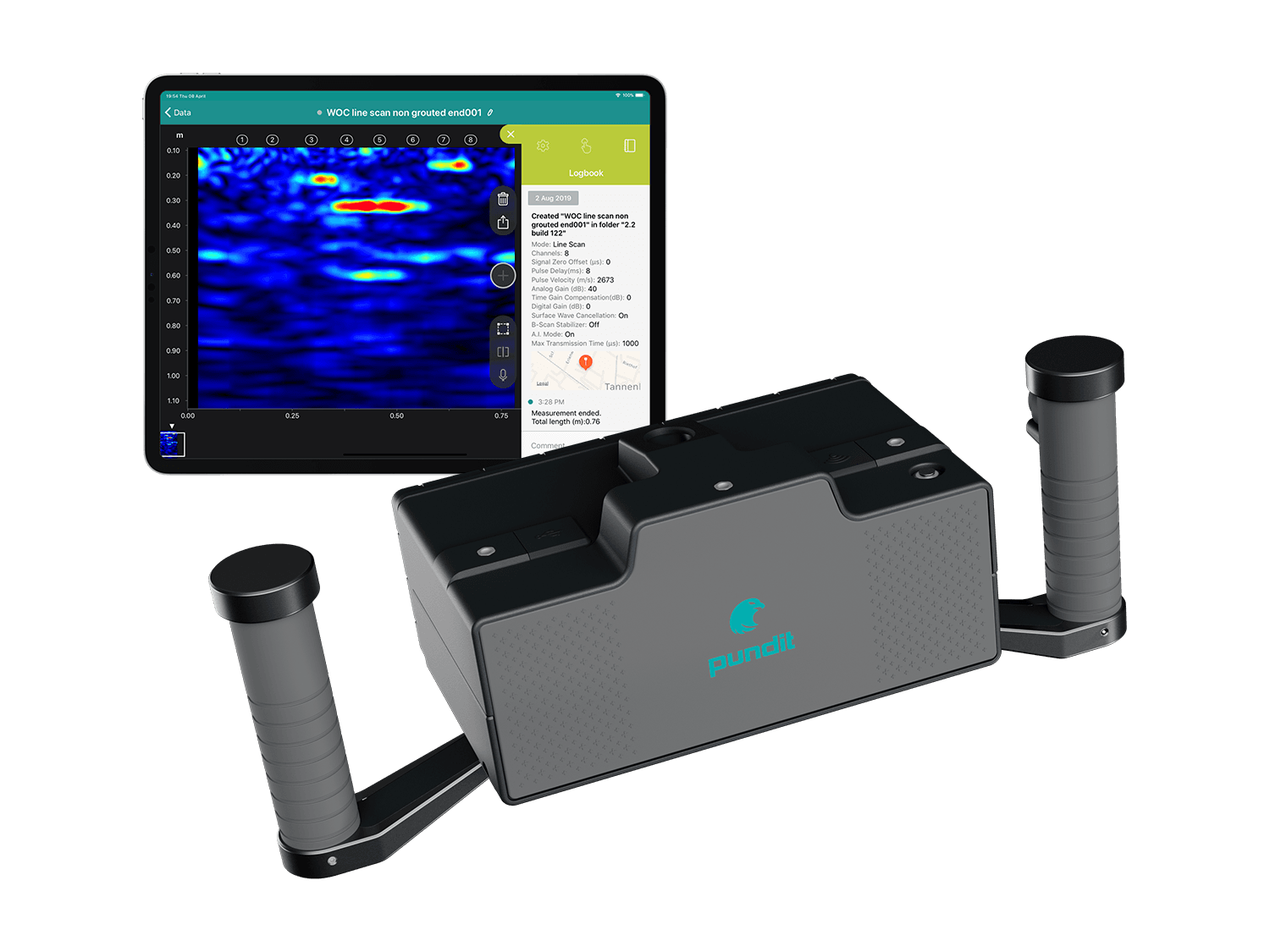 Proceq Pundit PD8050 ultrasonic pulse-echo sensor, a black array with an orange handle and dry-point contacts