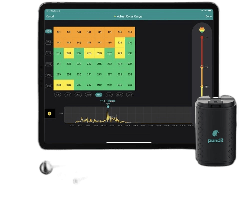 Proceq Pundit PI8000 impact-echo and pile-integrity probe held in one hand