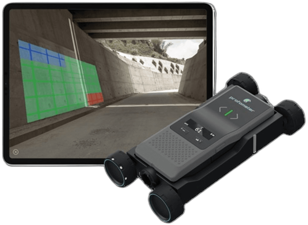 Hand using the PM8000 cover meter on concrete while an iPad shows a rebar scan